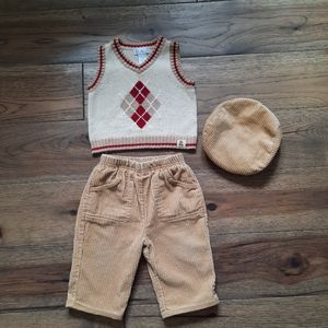 The Children's Place Corduroy Pants Argyle Vest and Hat Set